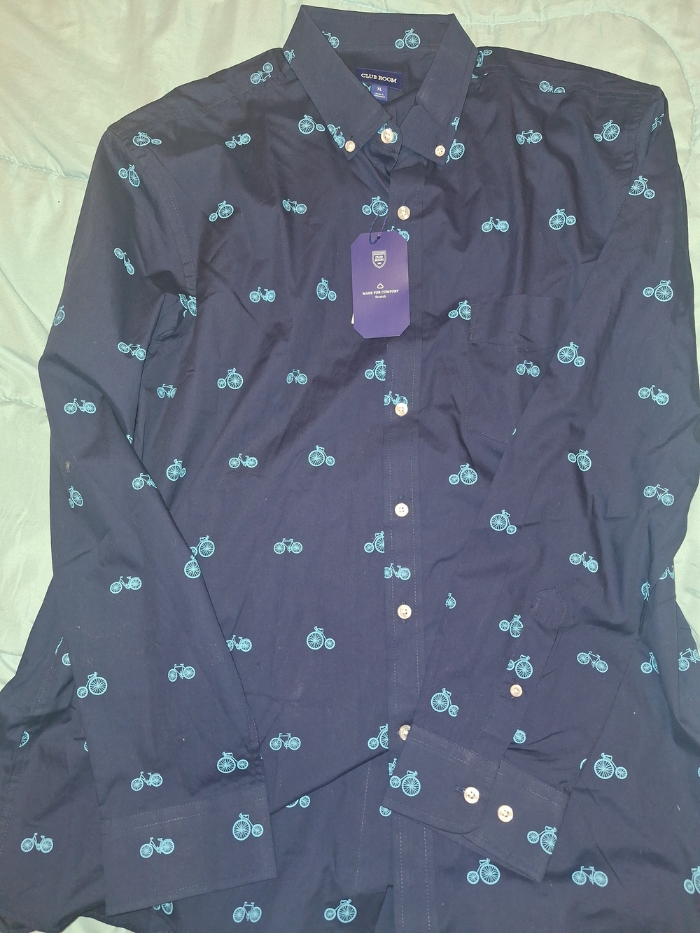 NWT Mens XL Club Room Navy Button-Down Shirt with Light Blue Bicycle Print